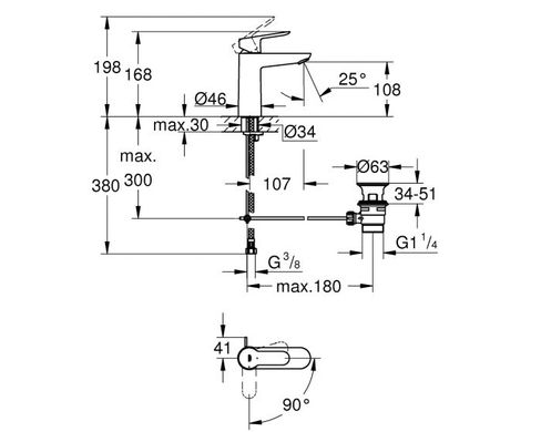 Grohe 23759000 Змішувач для умивальника GROHE BAU EDGE 23759000 з донним клапаном